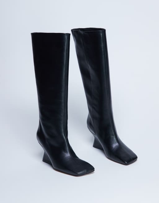 Topshop - Selma - Bottes montantes à talon compensé en cuir de qualité supérieure - Noir, 4 de 4