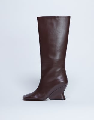 Selma - Bottes montantes en cuir de qualité supérieure à talon compensé - Chocolat-Rouge 36