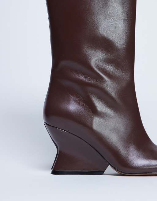 Topshop - Selma - Bottes montantes en cuir de qualité supérieure à talon compensé - Chocolat, 2 de 4