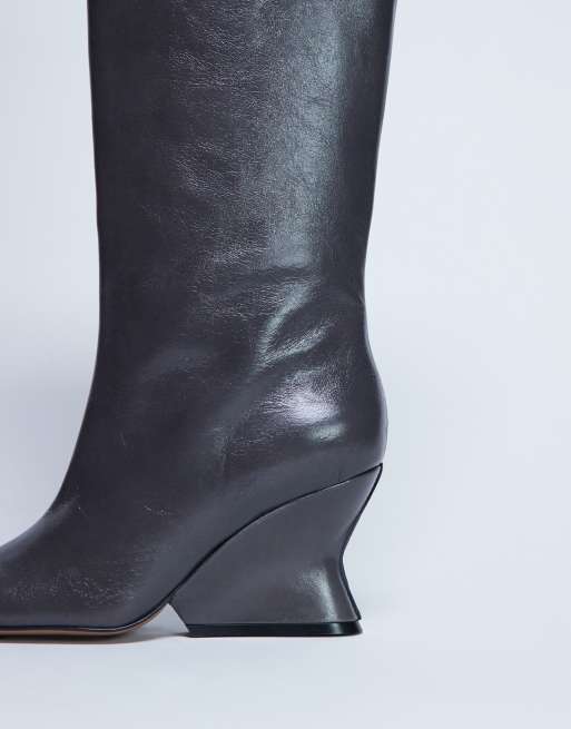 Topshop - Selma - Bottes montantes en cuir de qualité supérieure à talon compensé - Gris, 2 de 4