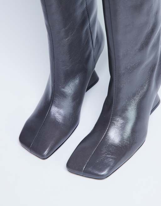 Topshop - Selma - Bottes montantes en cuir de qualité supérieure à talon compensé - Gris, 3 de 4