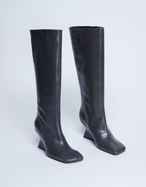 Topshop - Selma - Bottes montantes en cuir de qualité supérieure à talon compensé - Gris, 4 de 4