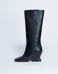 Selma Premium leather knee high wedge boot in black