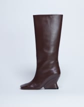 Topshop Selma Premium leather knee high wedge boot in chocolate