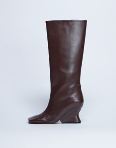 Selma Premium leather knee high wedge boot in chocolate