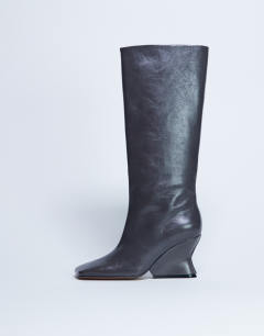 Selma Premium leather knee high wedge boot in grey
