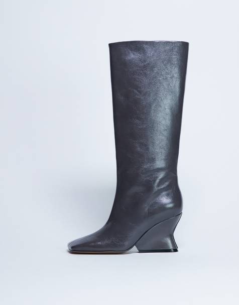 Topshop Selma Premium leather knee high wedge boots in gray - view 1