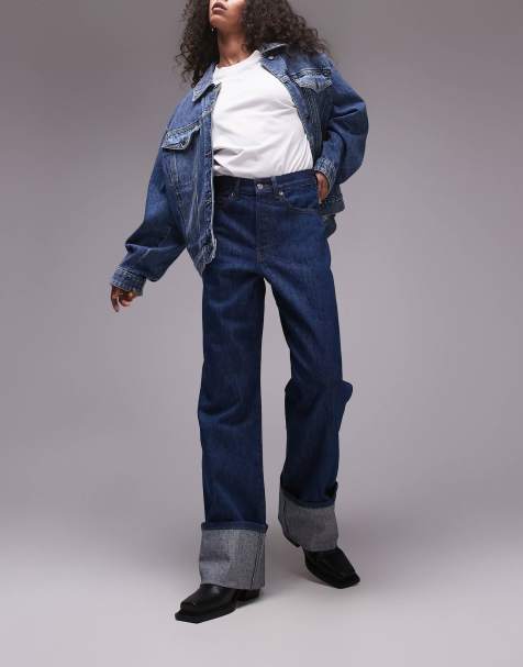 Topshop Selvage high rise turn up jean in indigo - view 1