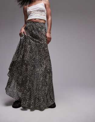 semi sheer godet maxi skirt in black and white animal geo print-Brown