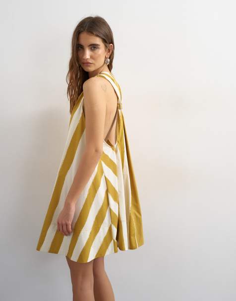 Topshop – Senapsgul, randig, a-linjeformad miniklänning i poplin med halterneck och bred fåll - view 1