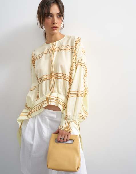 Topshop – Senapsgul, rutig blus med rundad nederkant - view 1