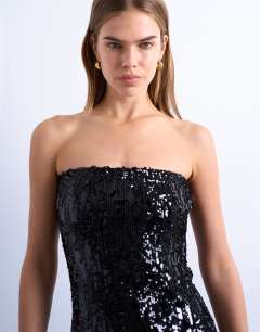 Model wearing Sequin bandeau mini dress in black