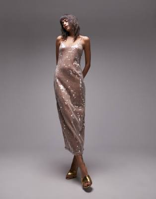 Topshop sequin cami midi slip dress in beige