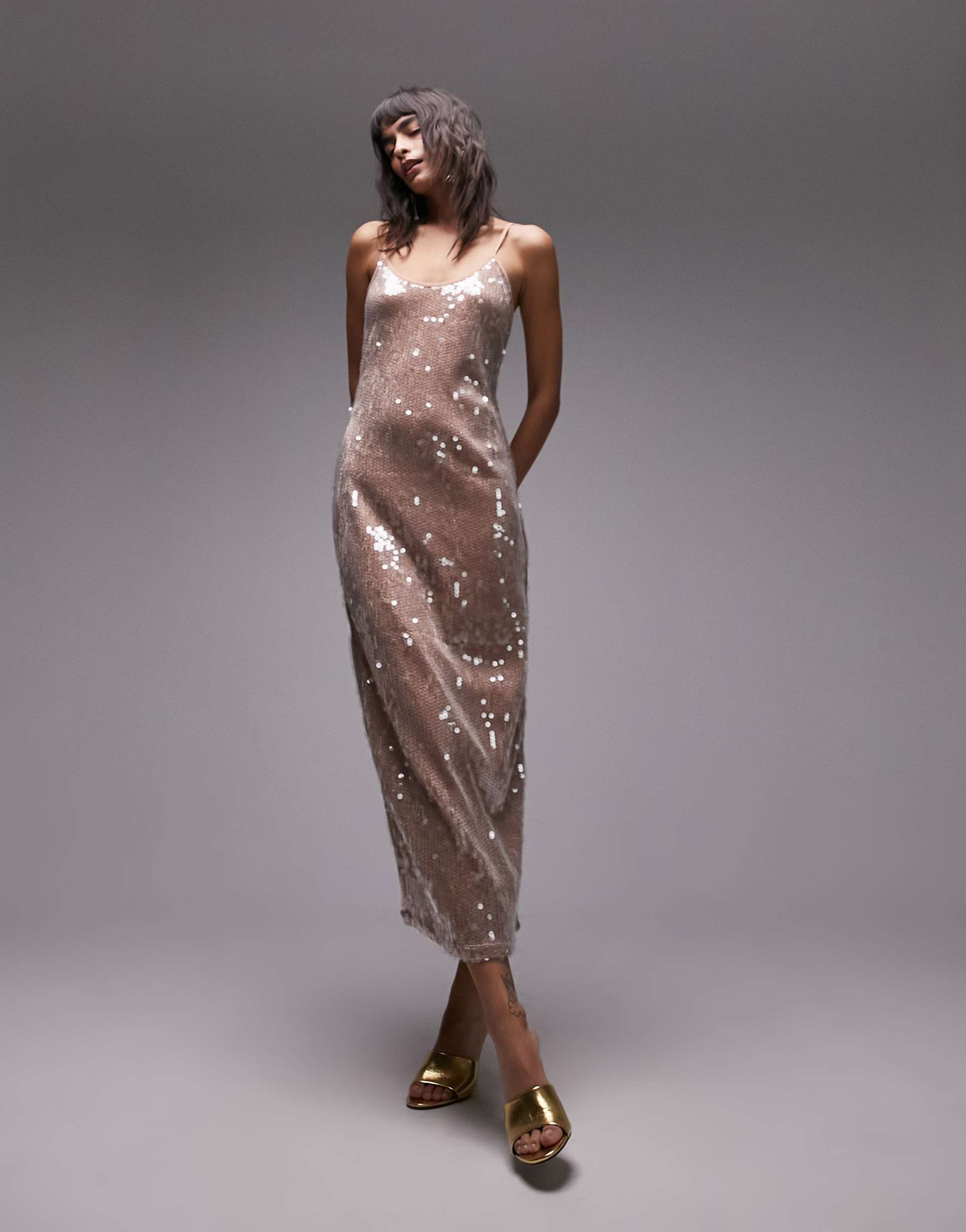 topshop sequin cami midi slip dress in beige