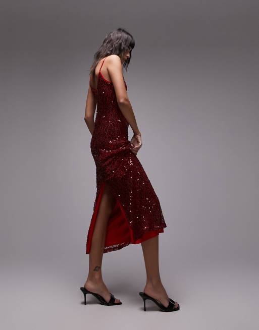 Topshop sequin cami midi slip dress in red