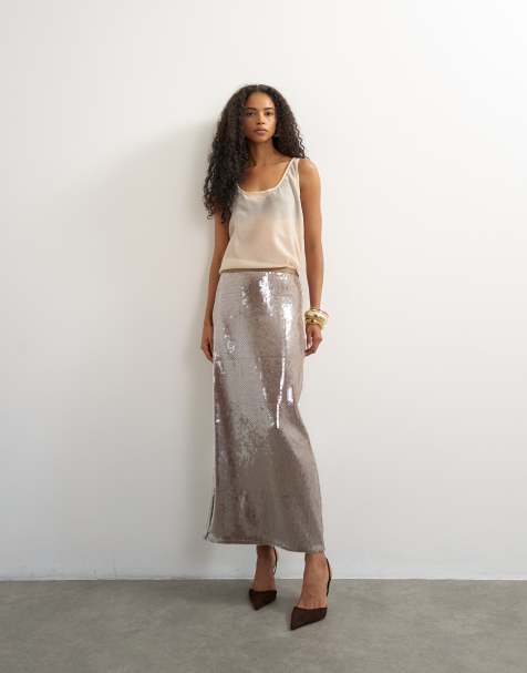 Topshop sequin column maxi skirt in chocolate - view 1