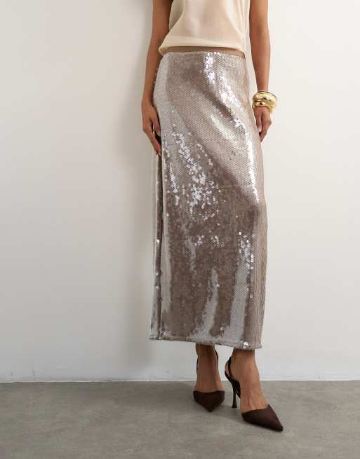Topshop sequin column maxi skirt in chocolate, 2 of 5