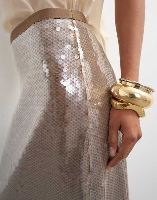 Topshop sequin column maxi skirt in chocolate, 3 of 5