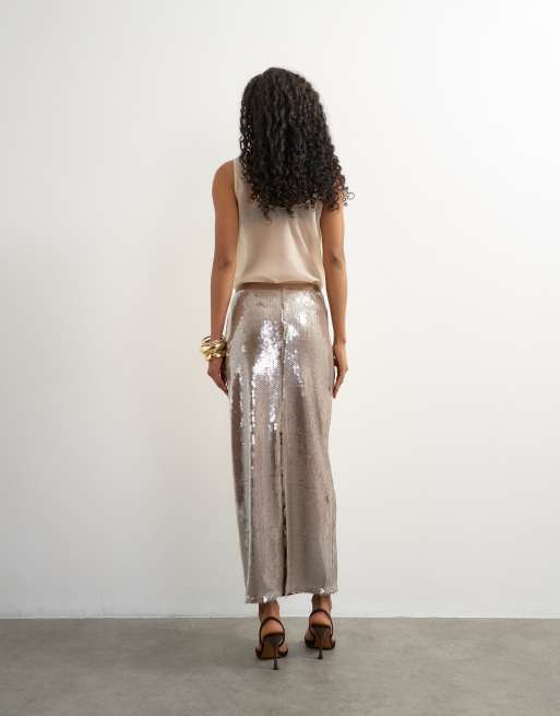 Topshop sequin column maxi skirt in chocolate, 4 of 5