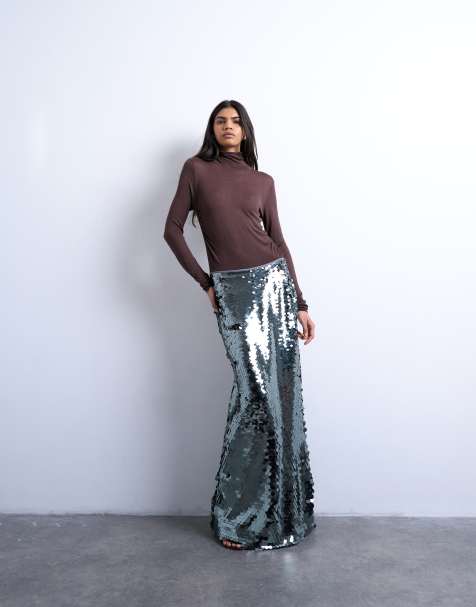 Topshop sequin column maxi skirt in silver - view 1