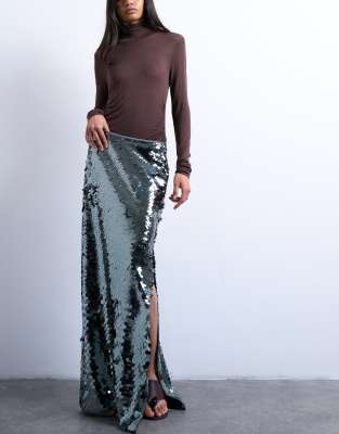 Topshop Sequin Column Maxi Skirt In Silver