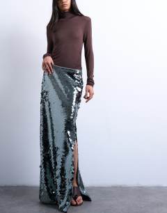 Model wearing Sequin column midi skirt in green