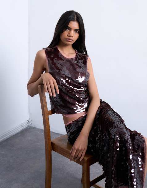 Topshop sequin contrast shell top in wine - part of a set - view 1