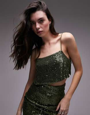 Topshop Sequin Crop Cami In Green - Part Of A Set In Green