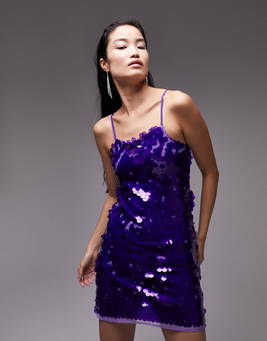 Topshop Sequin Disc Mini Dress In Purple