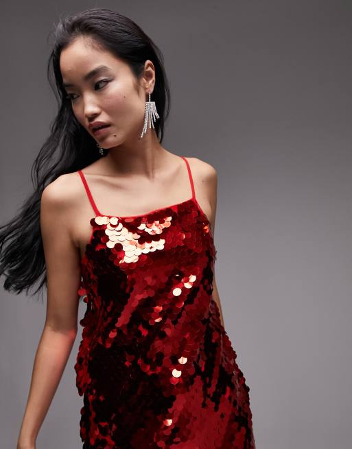 Topshop sequin disc mini dress in red