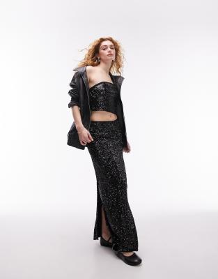 Topshop Sequin Maxi Skirt In Black - Part Of A Set