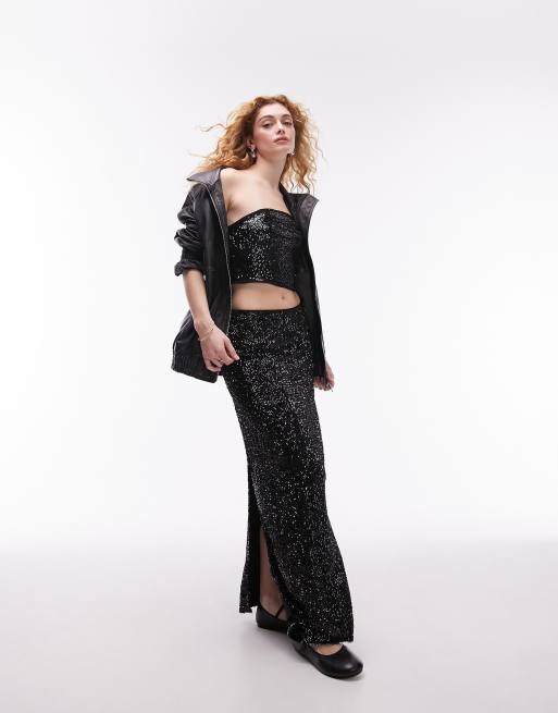 High waist sequin maxi cheap skirt