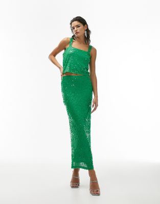 Topshop Sequin Maxi Skirt In Green - Part Of A Set