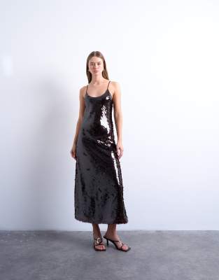 Topshop Sequin Maxi Slip Dress In Brown