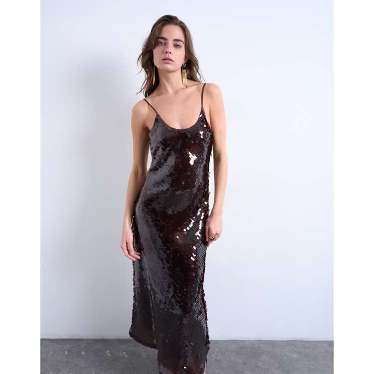 topshop brown slip dress Rent Topshop Pu Strappy Slip Midi Dress In Chocolate