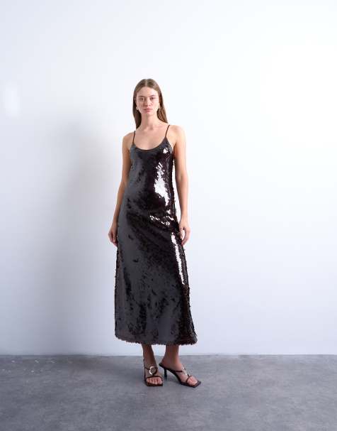 Topshop sequin maxi slip dress in chocolate