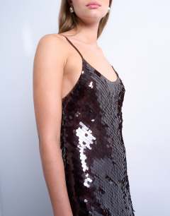 Model wearing Sequin maxi slip dress in chocolate