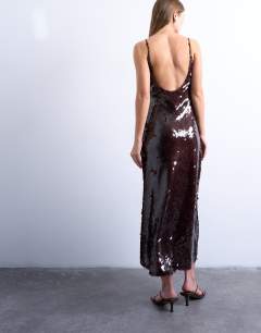 Model wearing Sequin maxi slip dress in chocolate