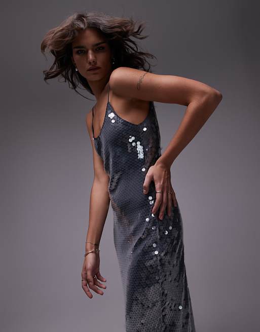 grey sparkly dress Zerla Mini in Shimmer Sequin Charcoal Do Not Iron Long Sleeve Sequin Formal Beaded