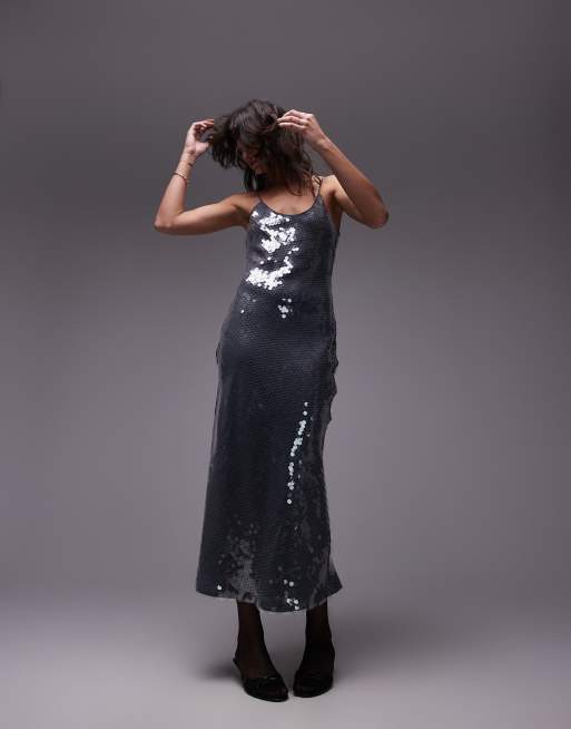Topshop sequin maxi slip dress in steel gray | ASOS