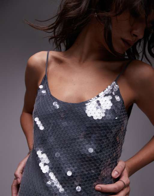Topshop sequin maxi slip dress in steel grey, 4 of 4