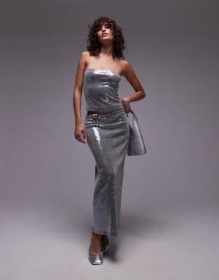 sequin midaxi skirt in gunmetal-Silver