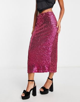 Topshop sequin midi skirt in hot pink | ASOS