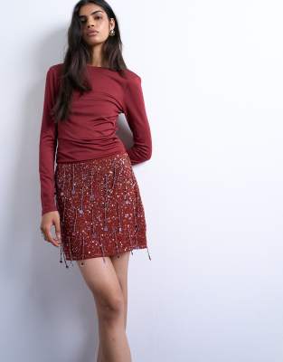 Topshop Sequin Mini Skirt In Red