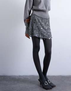 Model wearing Sequin mini skirt in grey