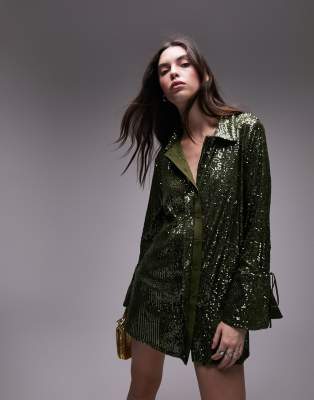 Topshop Sequin Oversized Shirt In Green - Part Of A Set