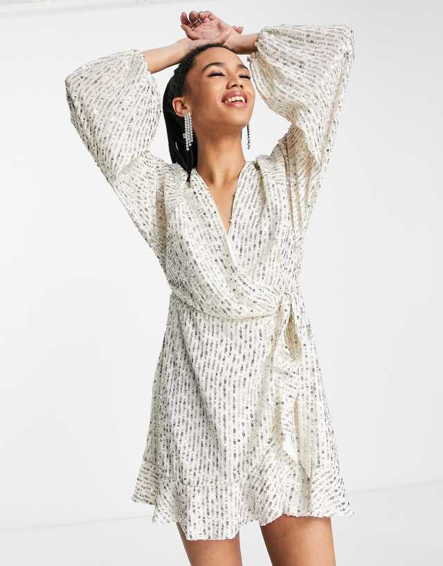 Topshop sequin ruffle wrap mini dress in ivory with silver embellishment