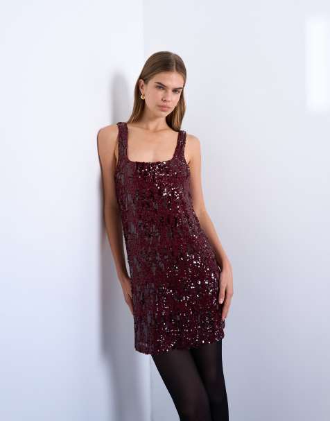 Topshop sequin scoop neck mini dress in burgundy - view 1
