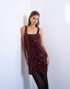 Sequin scoop neck mini dress in burgundy