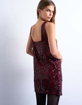Topshop Sequin Scoop Neck Mini Dress In Burgundy